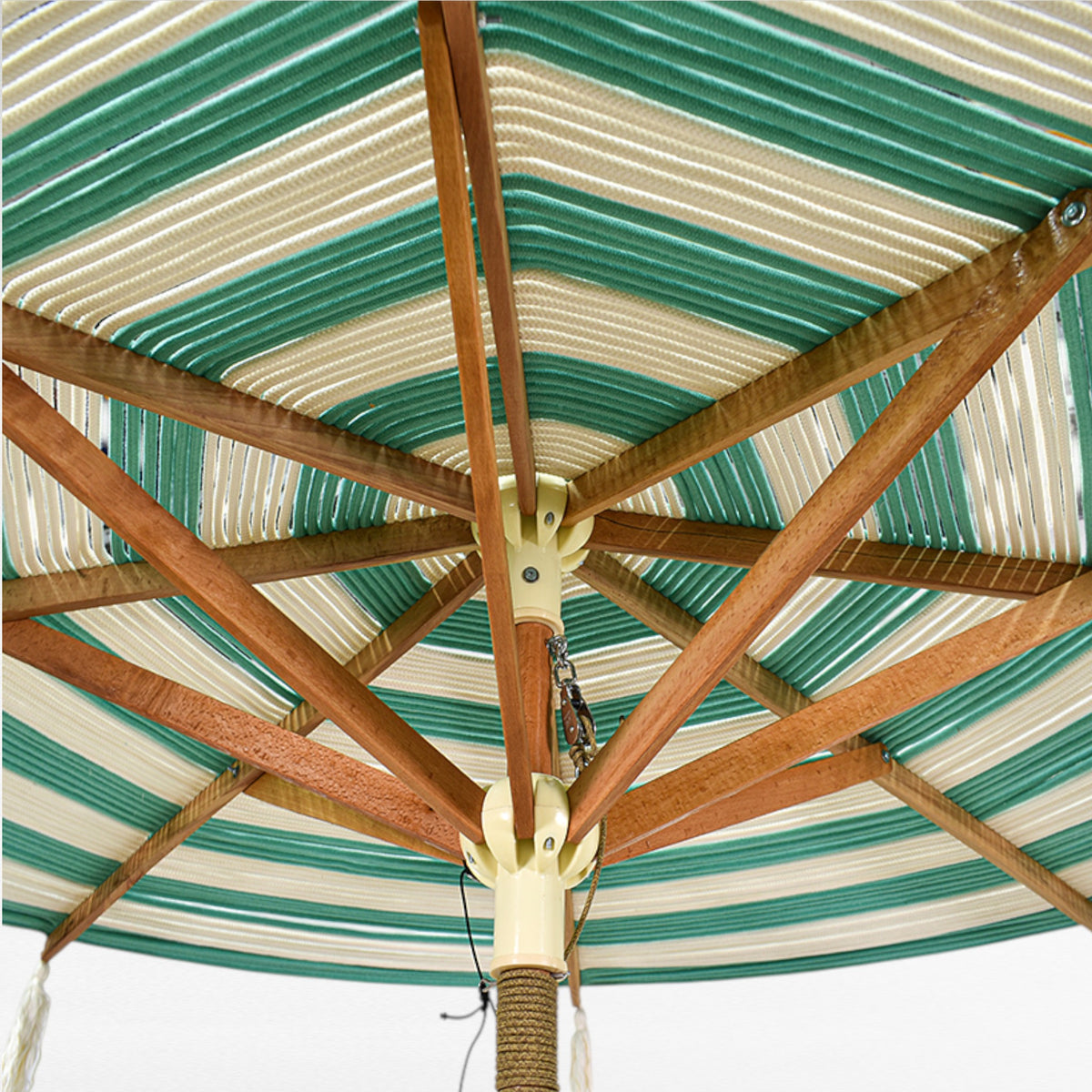 BYBLOS WITH A TWIST ROPE MACRAME UMBRELLA Off-White & Turquoise Striped Top with Fringe WITH OAK WOOD FRAME Φ260 |H240 CM