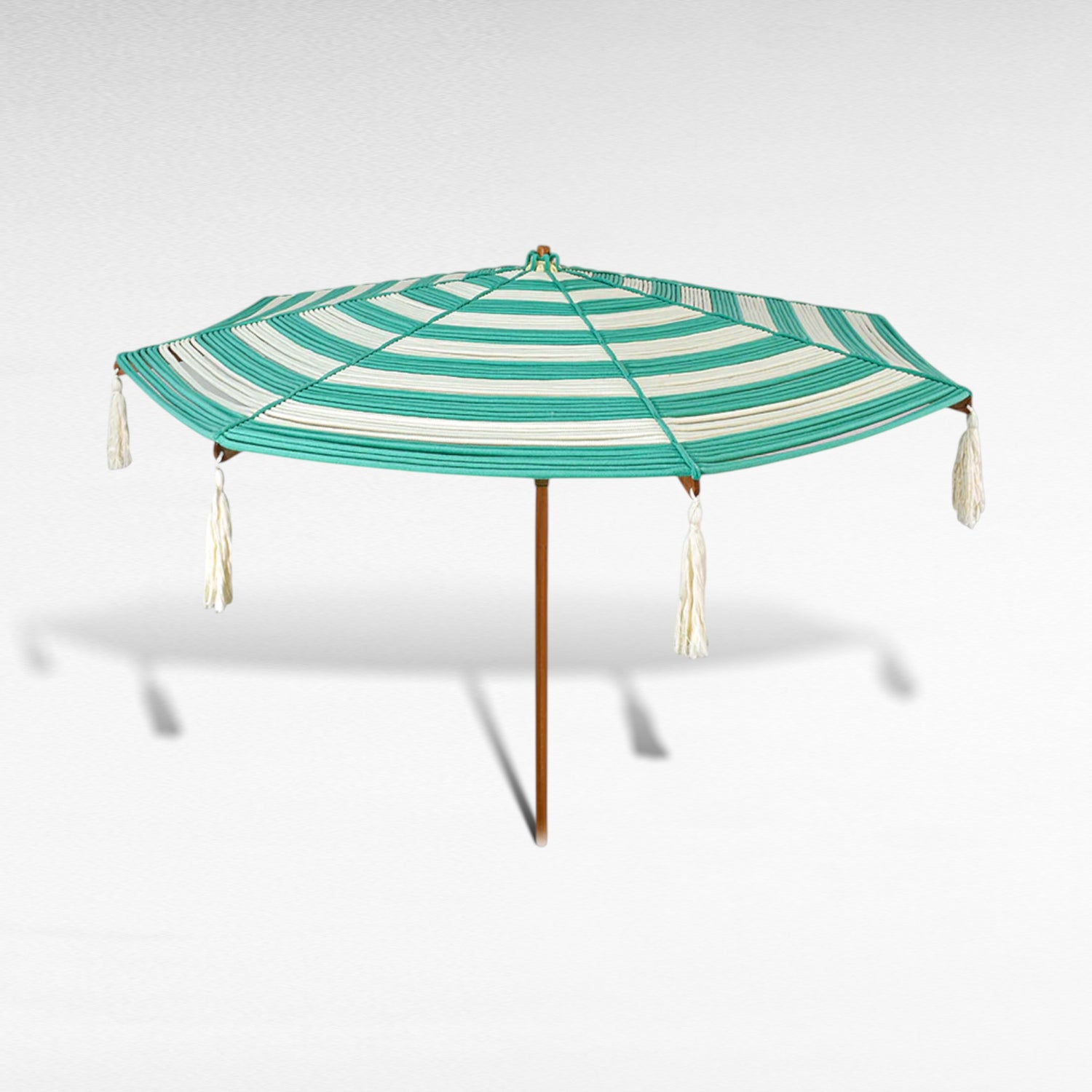 BYBLOS WITH A TWIST ROPE MACRAME UMBRELLA Off-White & Turquoise Striped Top with Fringe WITH OAK WOOD FRAME Φ260 |H240 CM