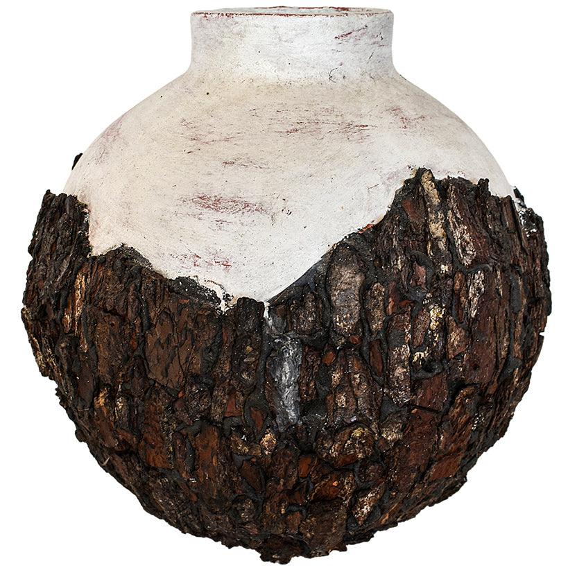 WHITE TERACOTTA POT WITH WOOD COATING 35x35x42cm - Chora Mykonos