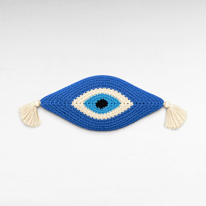 Chora Barefoot Luxury Living handmade knitted eye pillow in blue and white with decorative side fringes