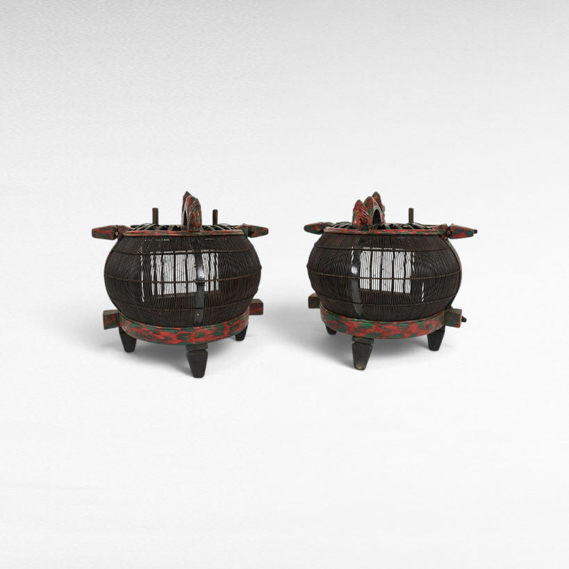 Chora Barefoot Luxury Living antique bird cages with dark wood slats and distressed red and green painted accents.