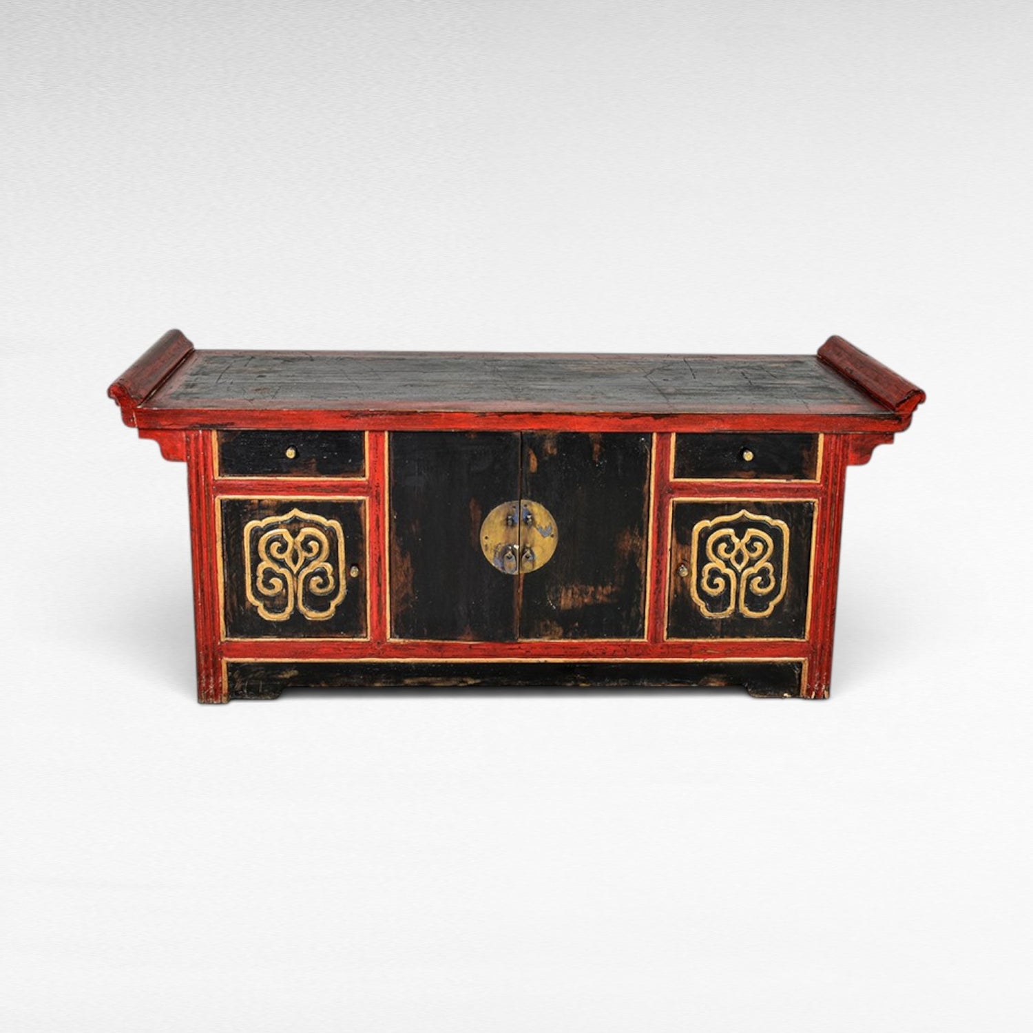 Chora Barefoot Luxury Living antique black and red lacquered buffet with gold ornate details and brass hardware.