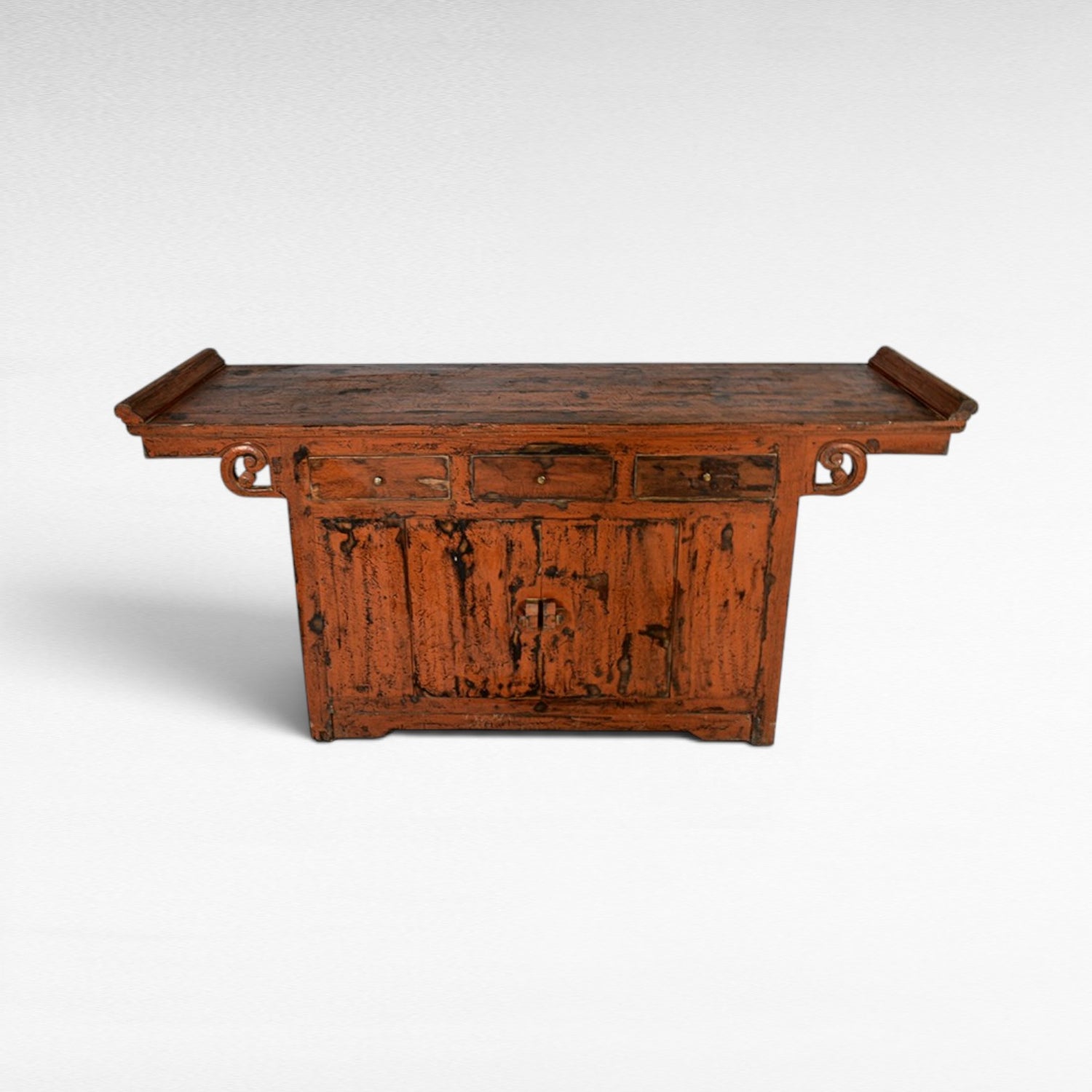 Chora Barefoot Luxury Living antique orange distressed wood buffet with drawers and cabinet doors, ornate scroll details.