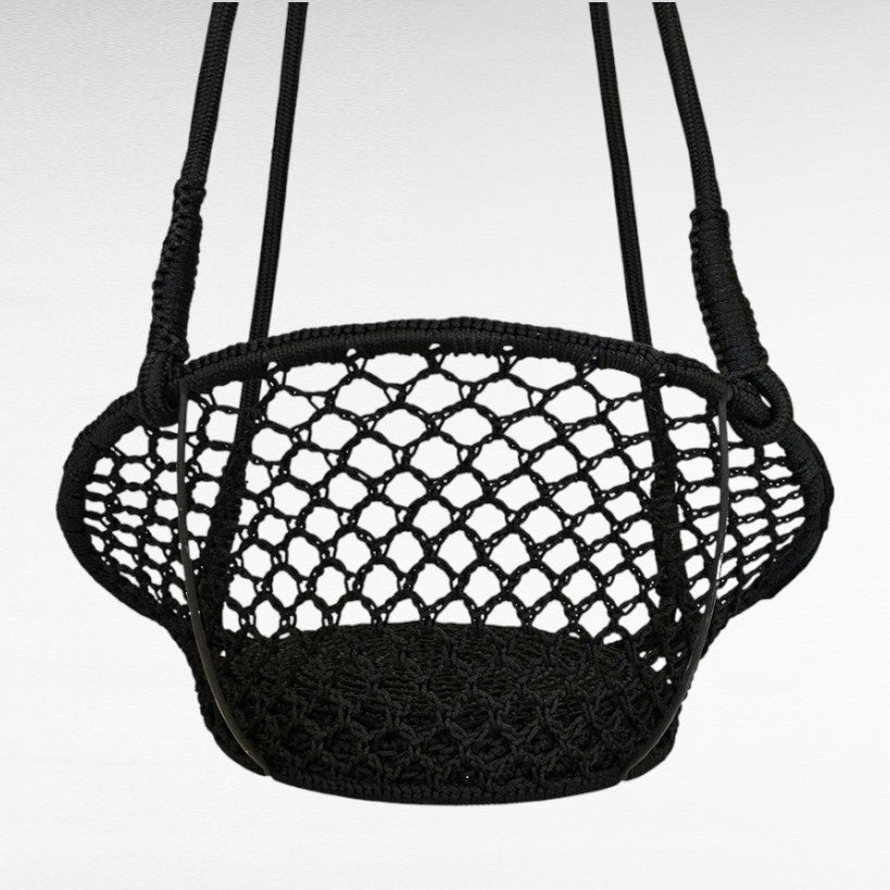Chora Barefoot Luxury Living black macrame rope hammock swing with metal frame