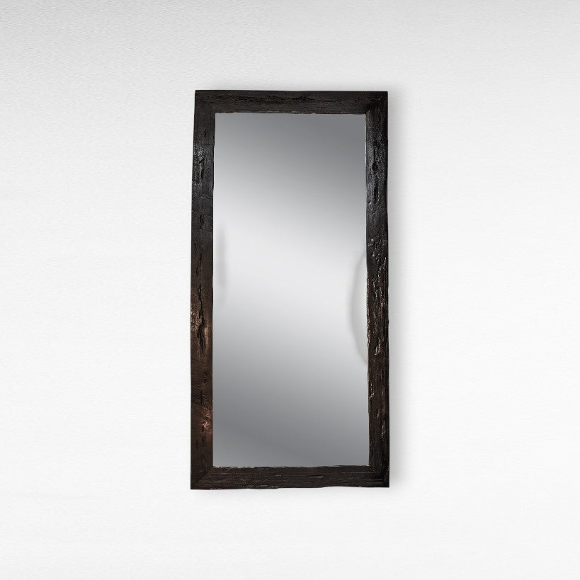 Chora Barefoot Luxury Living architectural mirror in solid teak wood with a black finish. Features a textured frame and generous dimensions.