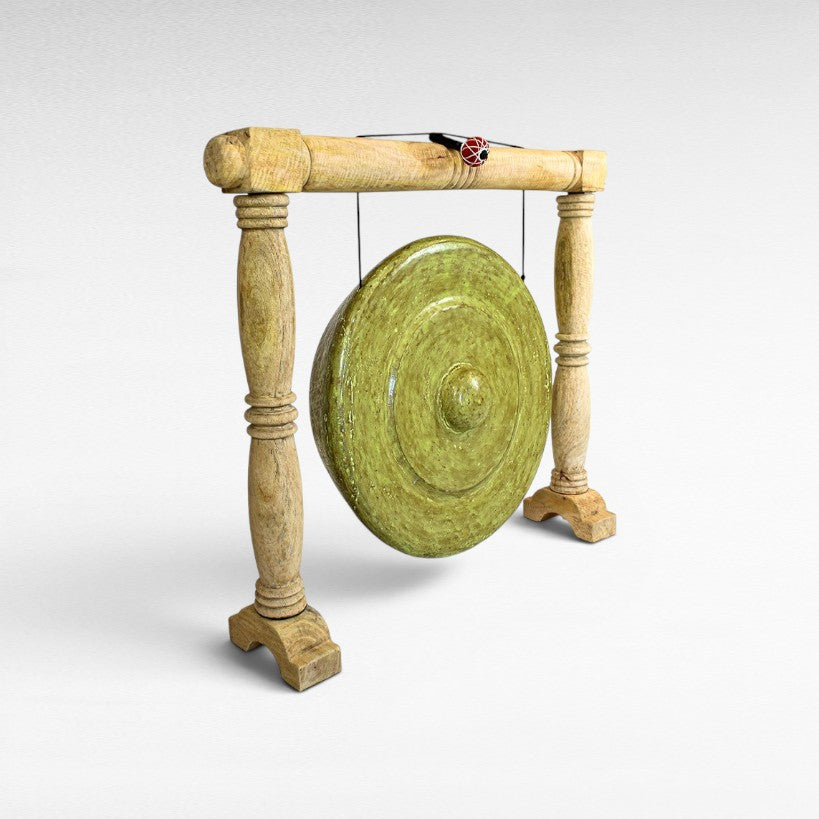Chora Barefoot Luxury Living ceremonial gong decoration, green, wooden stand, decorative accent