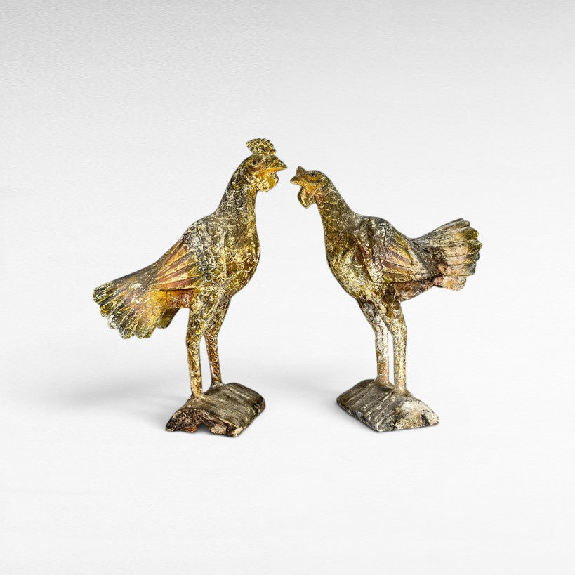 Chora Barefoot Luxury Living set of two antique gold distressed chicken decorations. Detailed feathers and textured finish.