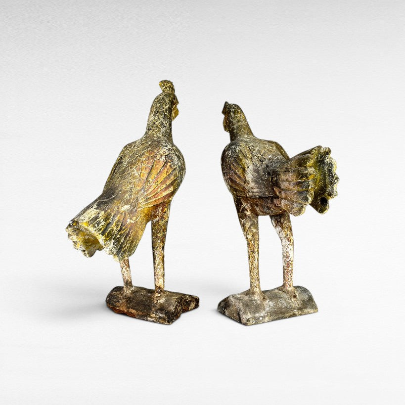 Chora Barefoot Luxury Living set of two distressed chicken statues with yellow and brown tones, detailed feathers.