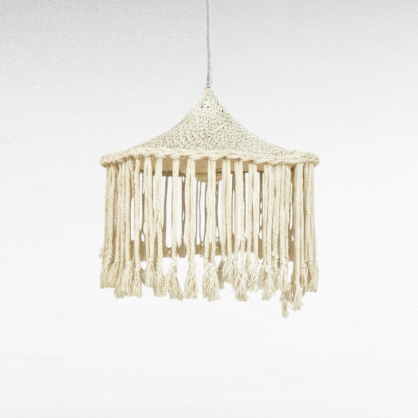 Chora Barefoot Luxury Living cream cotton rope pendant light with fringes, conical top, 65cm diameter, 60cm height.