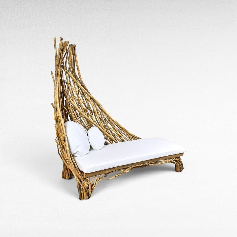 Chora Barefoot Luxury Living right-sided garden sofa featuring a sculptural driftwood frame and white cushions.
