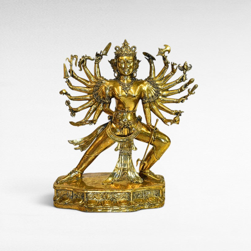Chora Barefoot Luxury Living golden brass figurine, 95cm W x 120cm H, with multiple arms holding various symbolic objects.