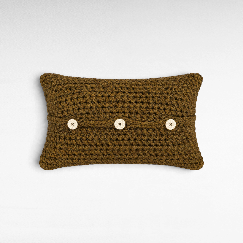 Chora Barefoot Luxury Living rectangular olive green cotton rope pillow with three decorative white buttons