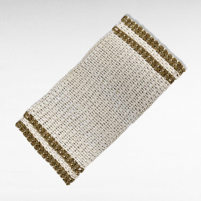 Chora Barefoot Luxury Living woven jute and cotton rug with striped ends, 80cm x 40cm