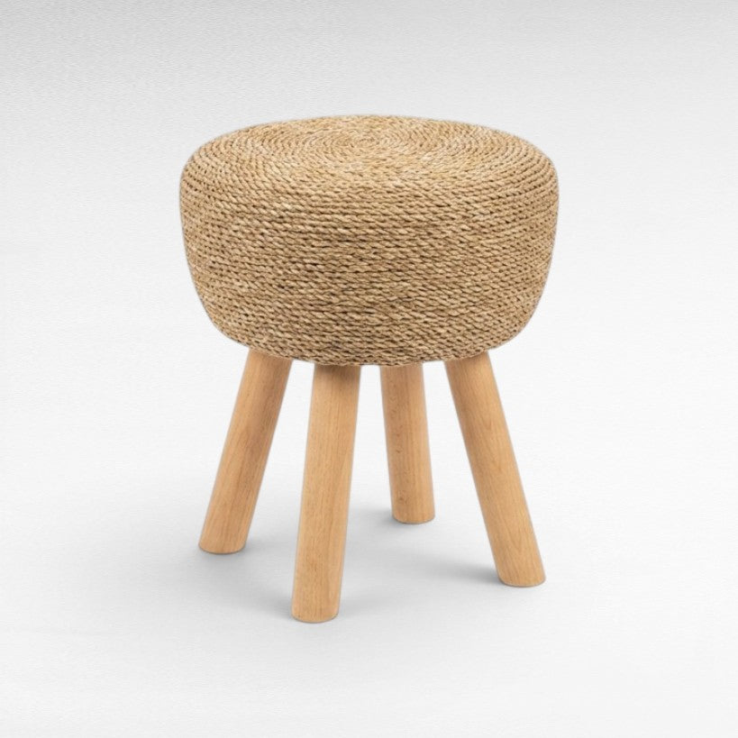 Chora Barefoot Luxury Living round stool with a natural woven jute seat and light wooden legs