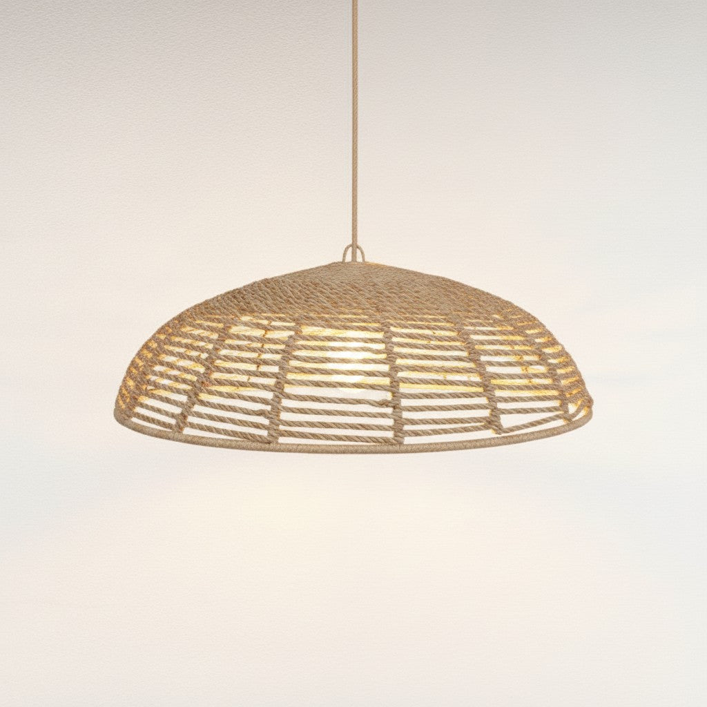 Chora Barefoot Luxury Living handmade natural rope pendant light with a wide dome shape and woven texture