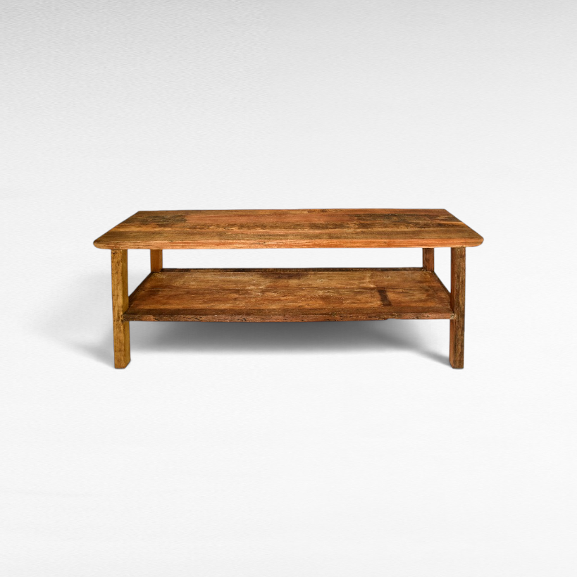 Chora Barefoot Luxury Living natural wood console table with a lower storage shelf and rustic textured finish.