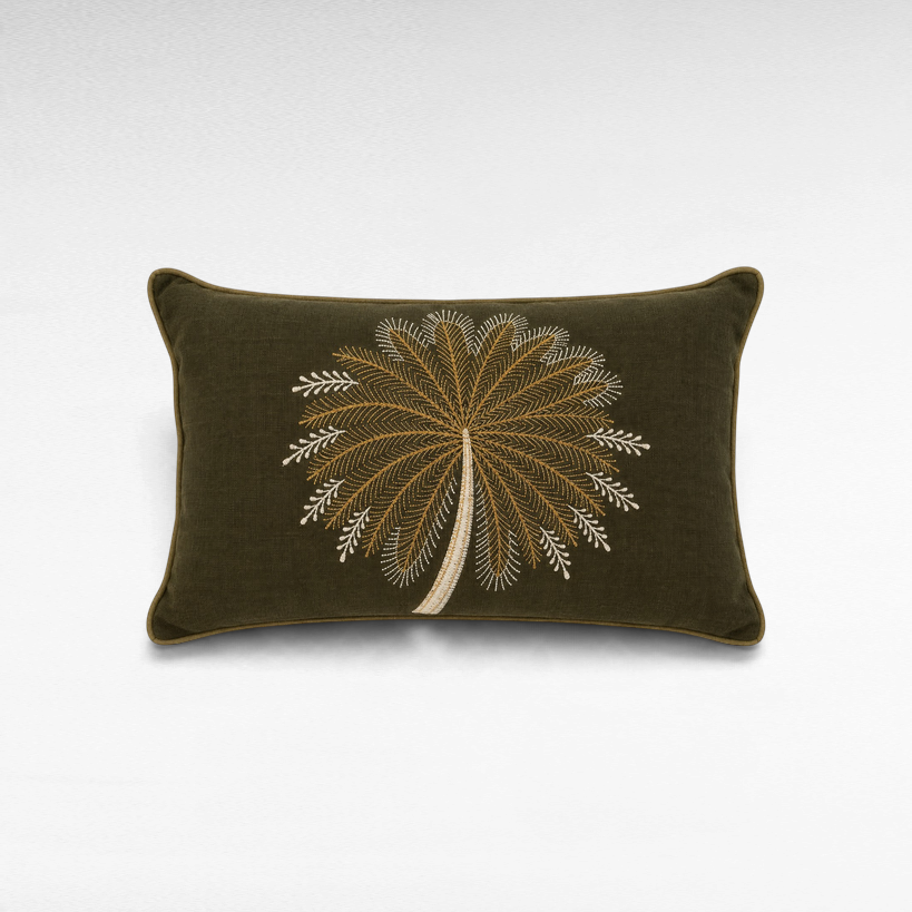 Chora Barefoot Luxury Living rectangular olive green linen pillow featuring an intricate embroidered palm tree design