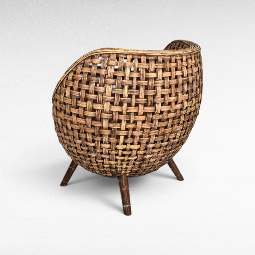 Chora Barefoot Luxury Living round rattan chair with wooden legs, woven natural fiber, accent furniture