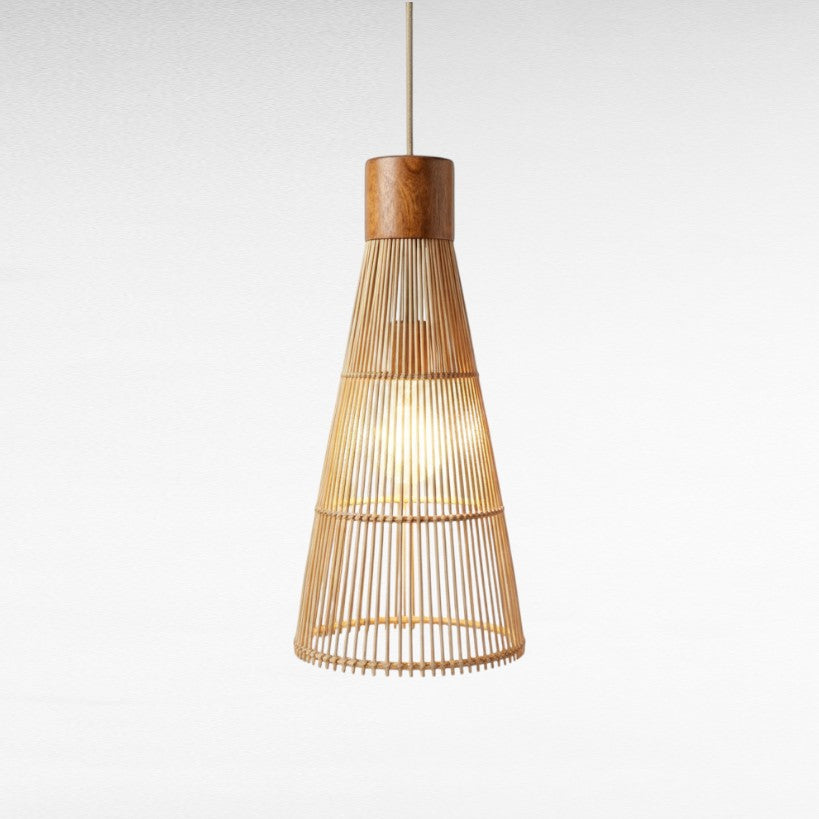 Chora Barefoot Luxury Living conical pendant light, natural rattan and teak wood, 55cm H x 25cm W