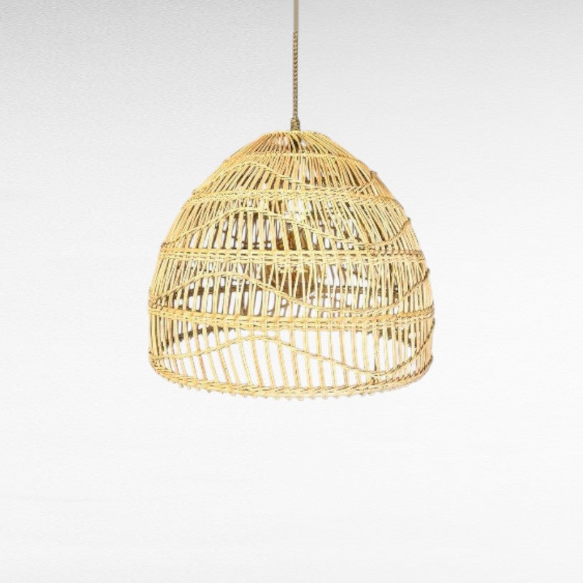 Chora Barefoot Luxury Living natural rattan bell dome pendant light, handwoven with open weave pattern, 40cm diameter.