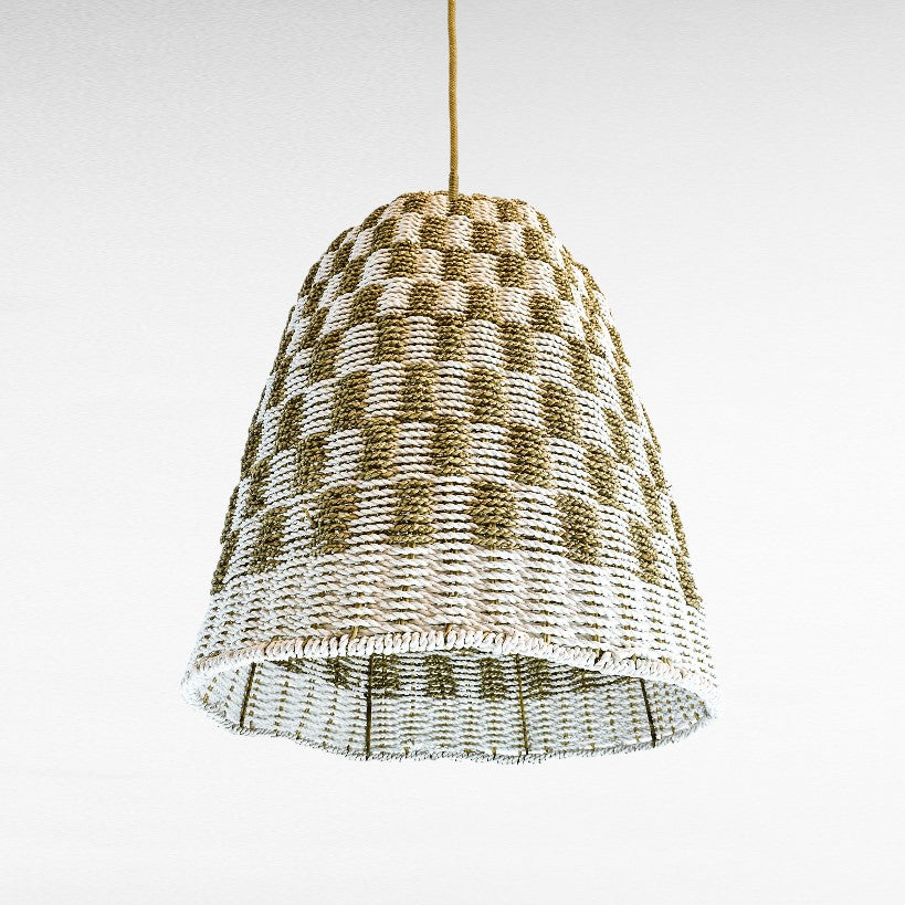 Chora Barefoot Luxury Living dome-shaped pendant light with woven synthetic rattan in a checkered pattern of white and natural tones.