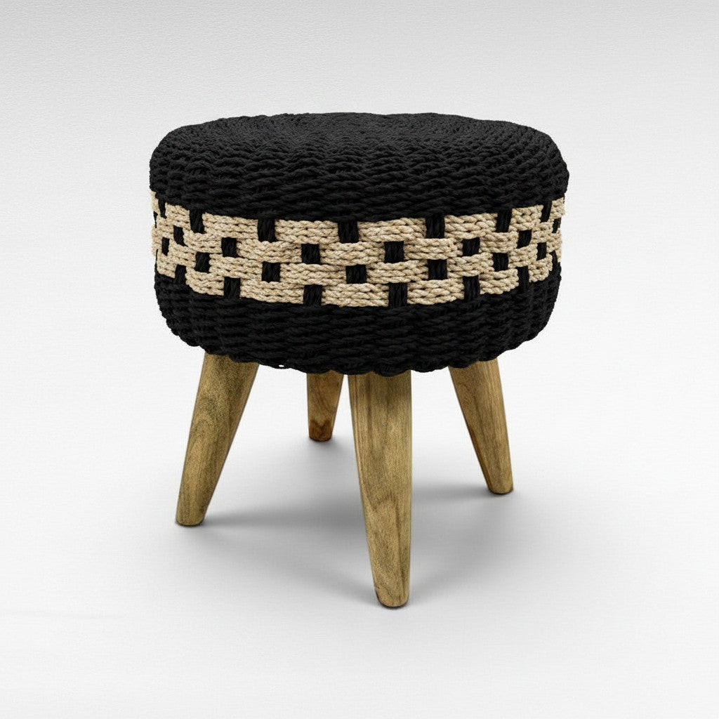 Chora Barefoot Luxury Living white and natural two-tone braided rattan stool with wood legs