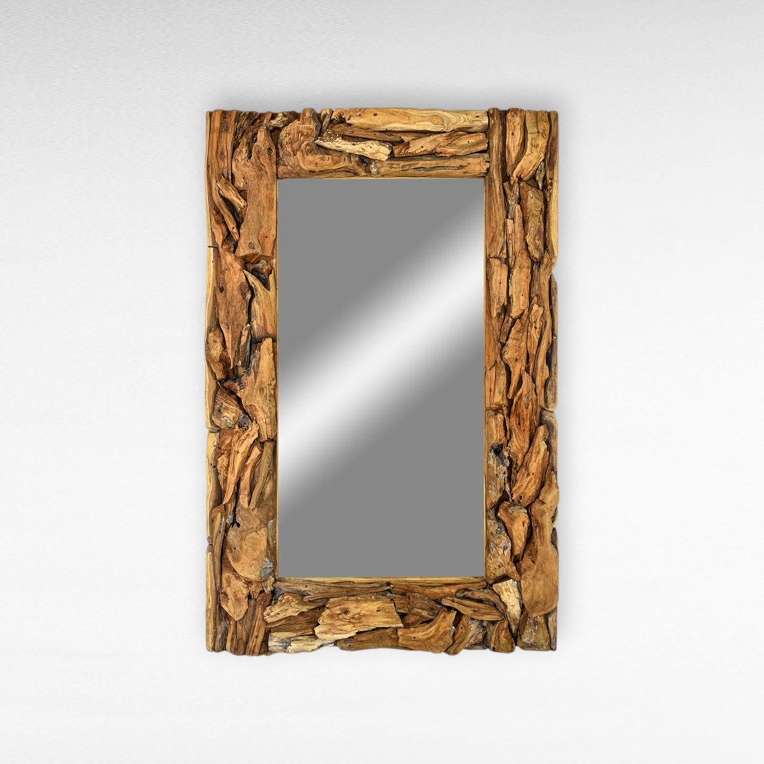 Chora Barefoot Luxury Living reclaimed teak wood mirror with natural, rustic frame. Rectangular shape, 100cm H x 160cm W.
