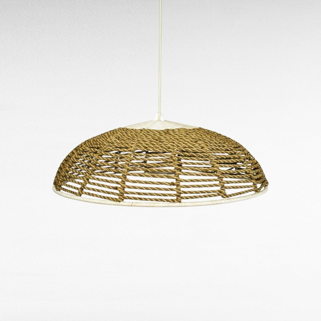 Chora Barefoot Luxury Living handmade dome pendant light with natural rope and white accents, 100cm diameter, 30cm height.