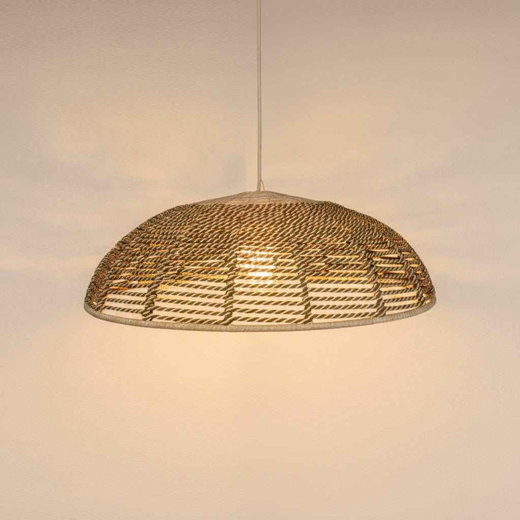 Chora Barefoot Luxury Living handmade natural & off-white rope pendant light, dome shape, 100cm diameter, 30cm height.