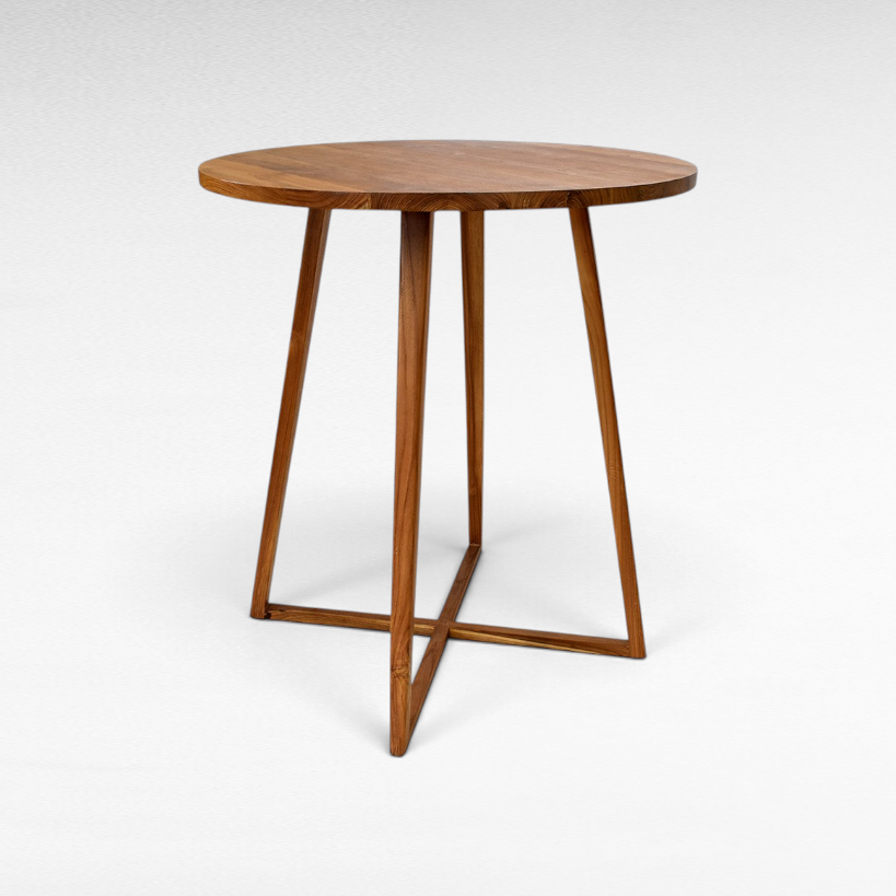Chora Barefoot Luxury Living contemporary round wooden bar table with a 100cm diameter top and cross-base design