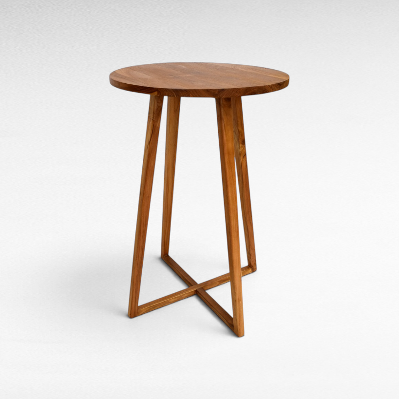 Chora Barefoot Luxury Living round wooden bar table with a minimalist design and cross-base legs for modern interiors.
