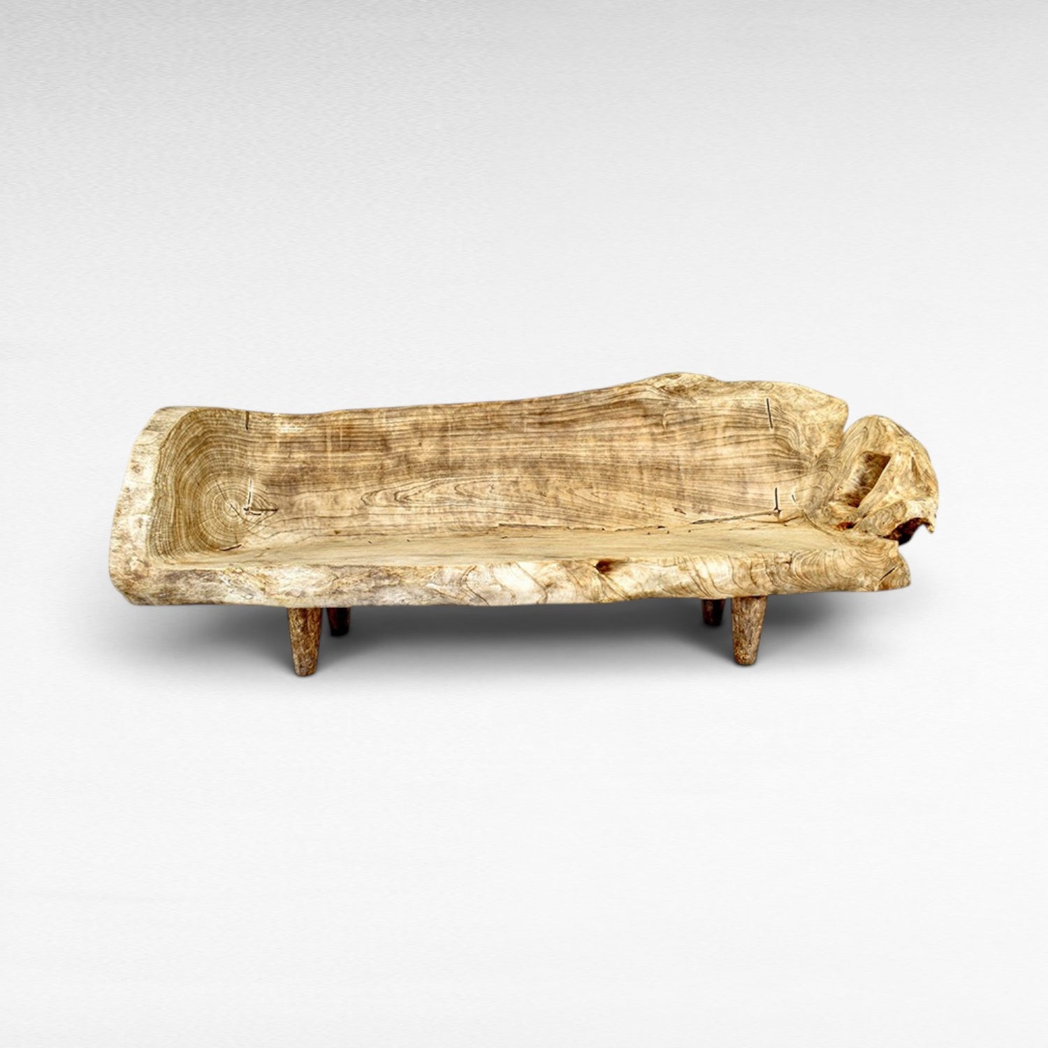 Chora Barefoot Luxury Living rustic teak wood bench with natural live edge and carved seat