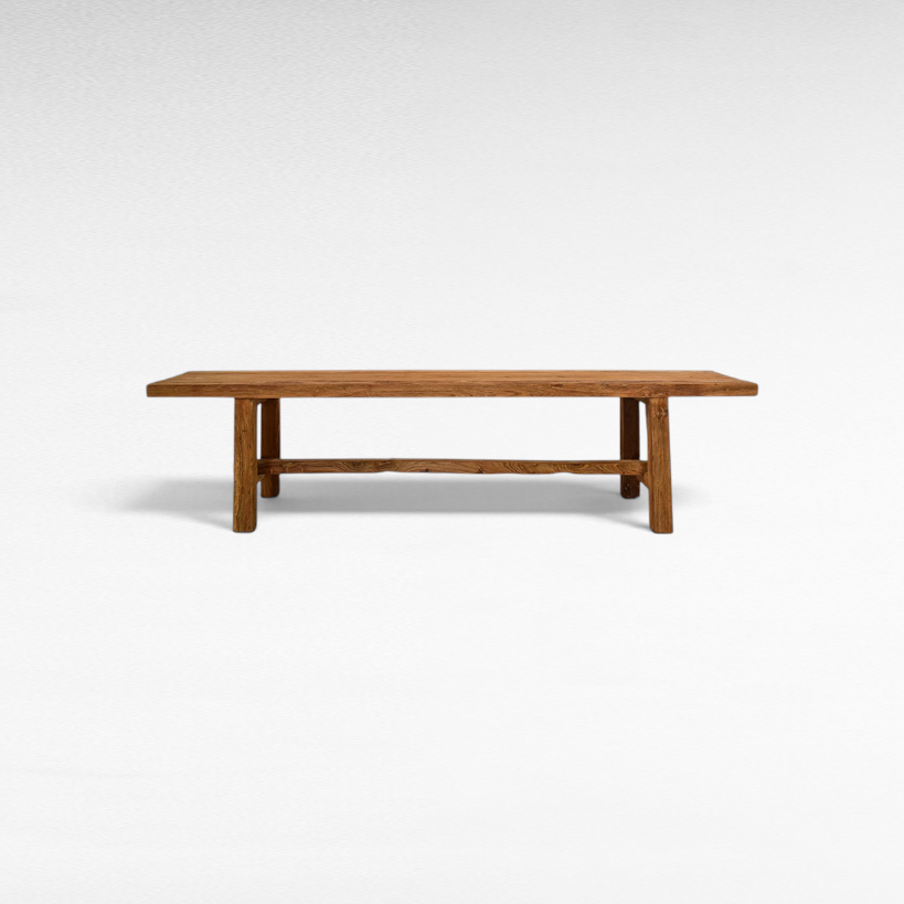 Chora Barefoot Luxury Living rustic teak wood bench with a natural grain finish and sturdy rectangular frame
