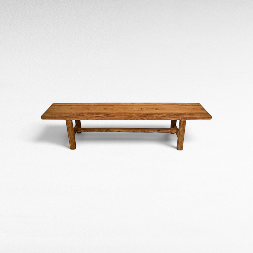 Chora Barefoot Luxury Living rustic teak wood bench with a natural grain finish and sturdy rectangular design.