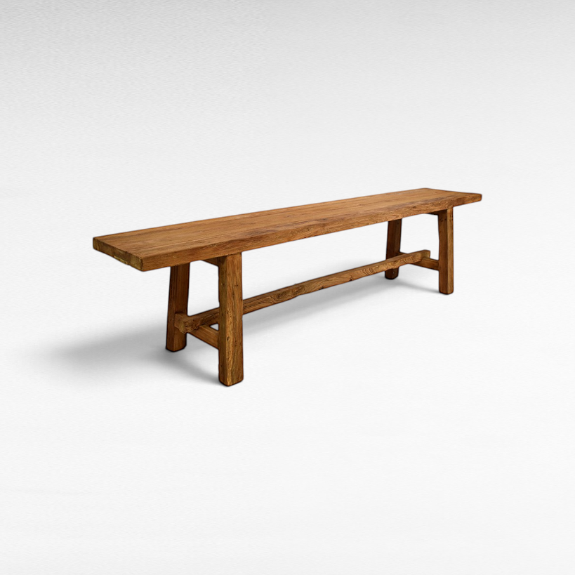 Chora Barefoot Luxury Living rustic teak wood bench with a natural grain finish and sturdy rectangular frame