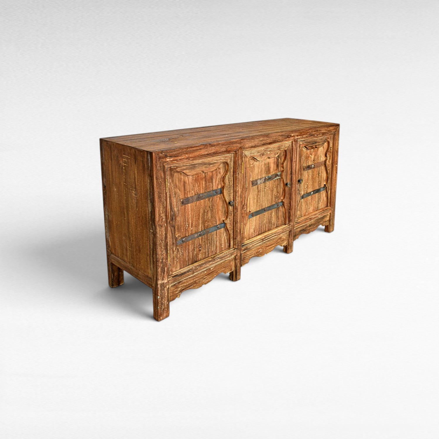 Chora Barefoot Luxury Living rustic wood buffet with three doors, metal accents, and carved details. W170 D45 H80 cm.