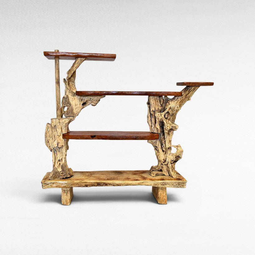 Chora Barefoot Luxury Living rustic wood shelving unit with multiple tiers, natural wood finish, and organic shapes.