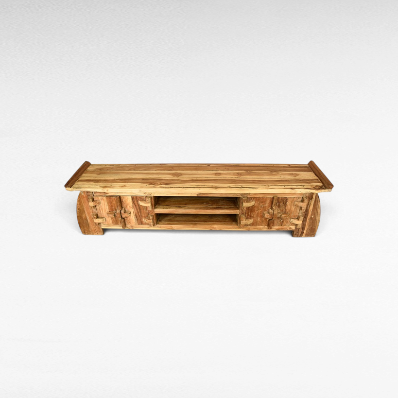 Chora Barefoot Luxury Living rustic wooden sideboard with natural grain, open shelving, and cupboard storage.