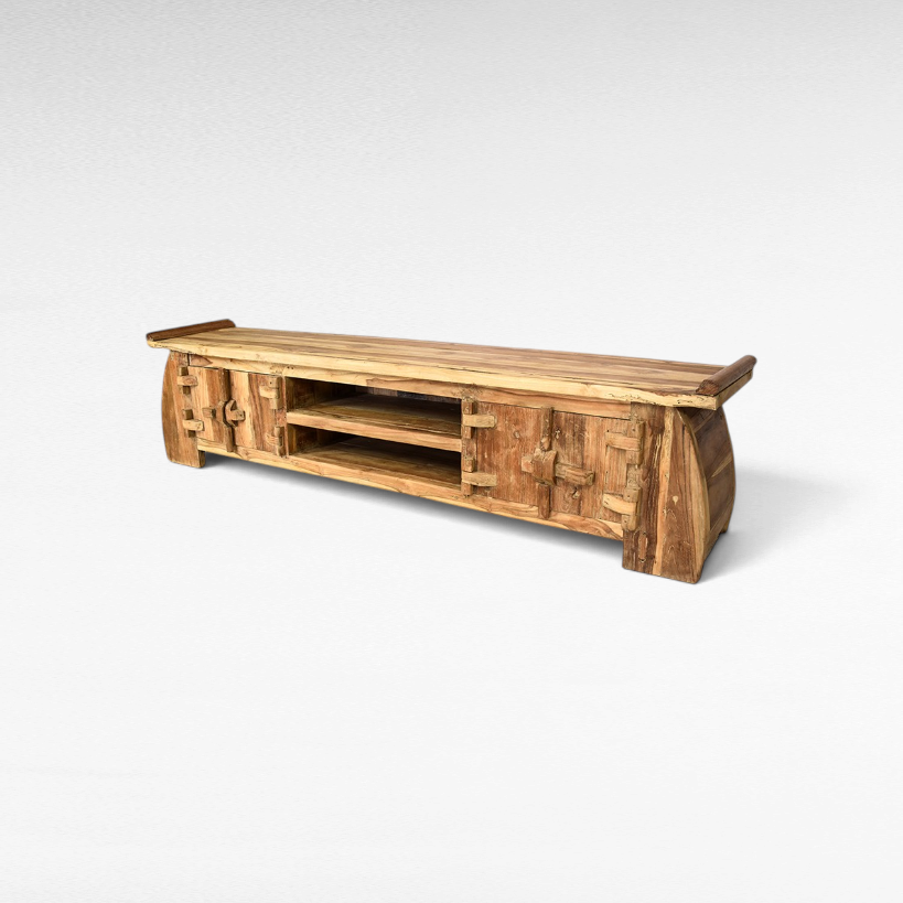 Chora Barefoot Luxury Living rustic wooden sideboard with natural grain, open shelving, and cupboard storage.