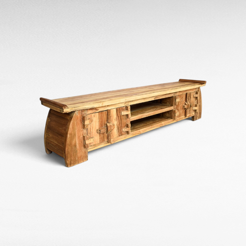 Chora Barefoot Luxury Living rustic wooden sideboard with open shelving, concealed cupboards, and curved side panels.