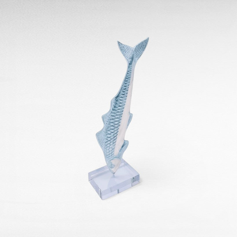 Chora Barefoot Luxury Living decorative silver and bronze fish sculpture on clear acrylic base.