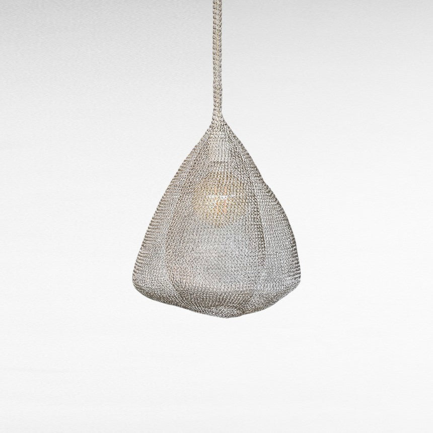 Chora Barefoot Luxury Living silver wire pendant light, handwoven cloud shape, matte finish, modern sculptural design.