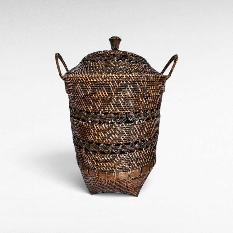 Chora Barefoot Luxury Living small dark brown woven rattan basket with a lid and side handles for home organization.