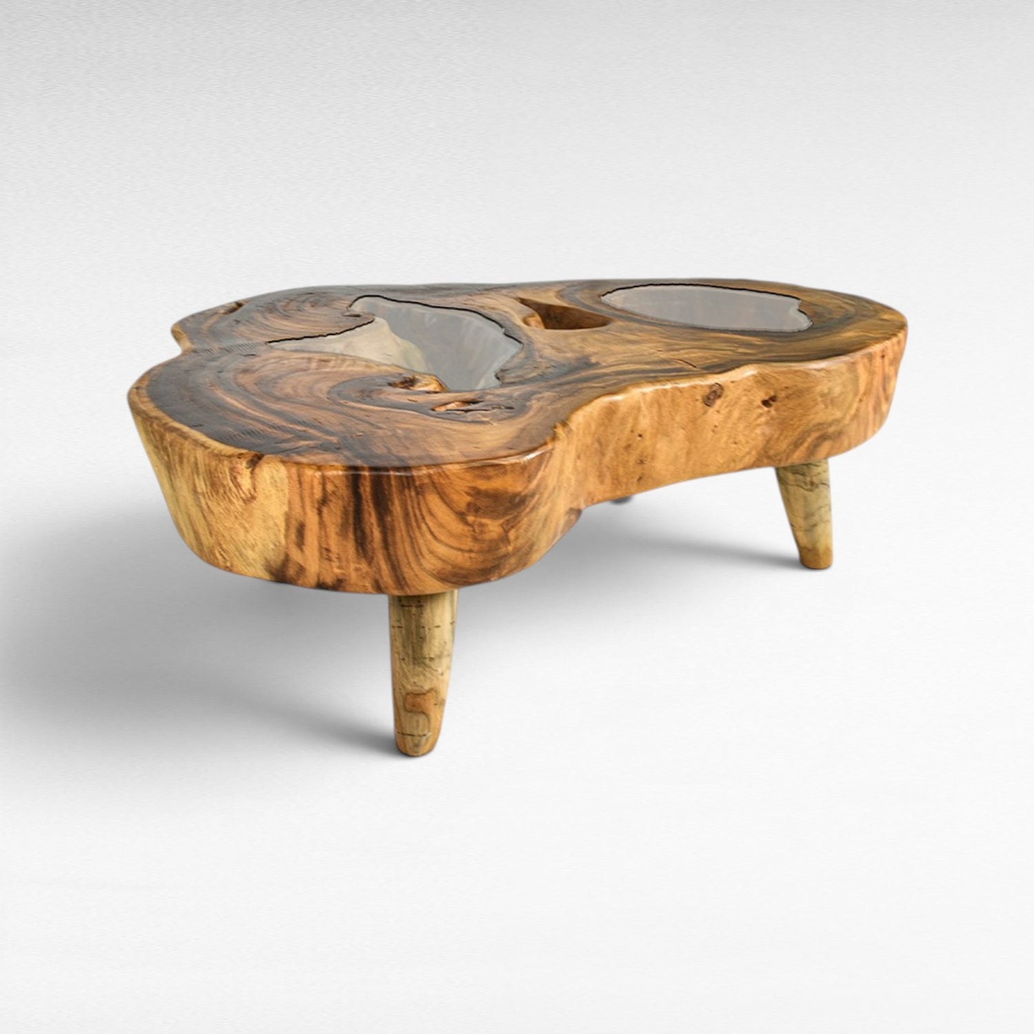 Chora Barefoot Luxury Living natural suar wood coffee table with glass inlays and tapered legs, W154 D100 H40 cm