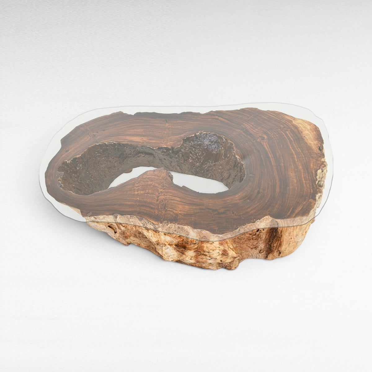 Chora Barefoot Luxury Living natural suar wood coffee table with hollow center and glass top, 210cm wide.