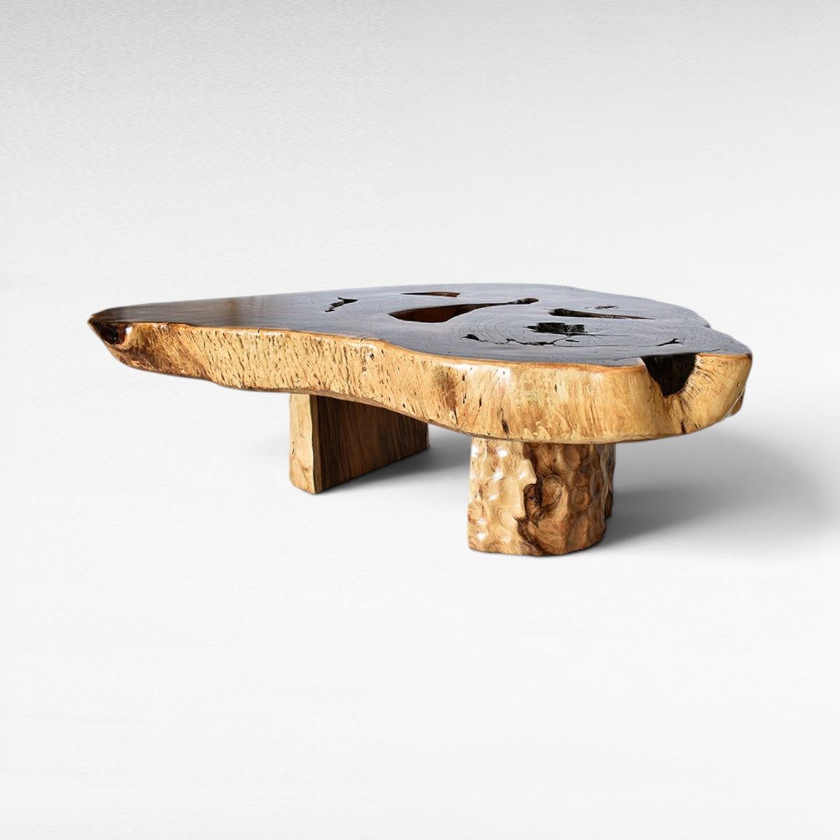Chora Barefoot Luxury Living suar wood dining table with live edge and natural wood base. Unique organic shape.