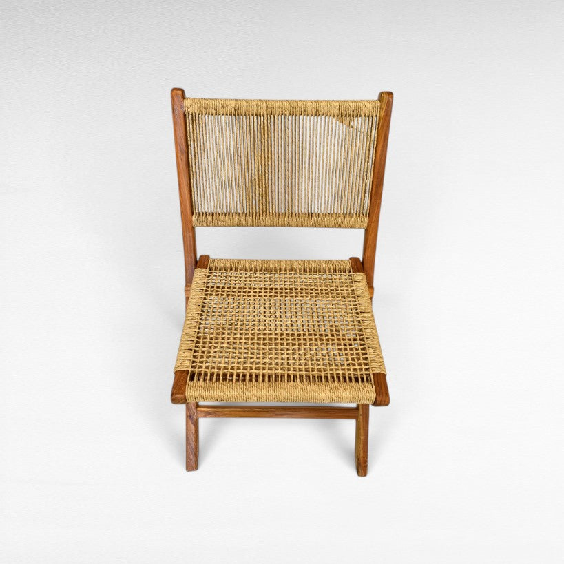 Chora Barefoot Luxury Living teak wood folding dining chair with woven rope seat and back