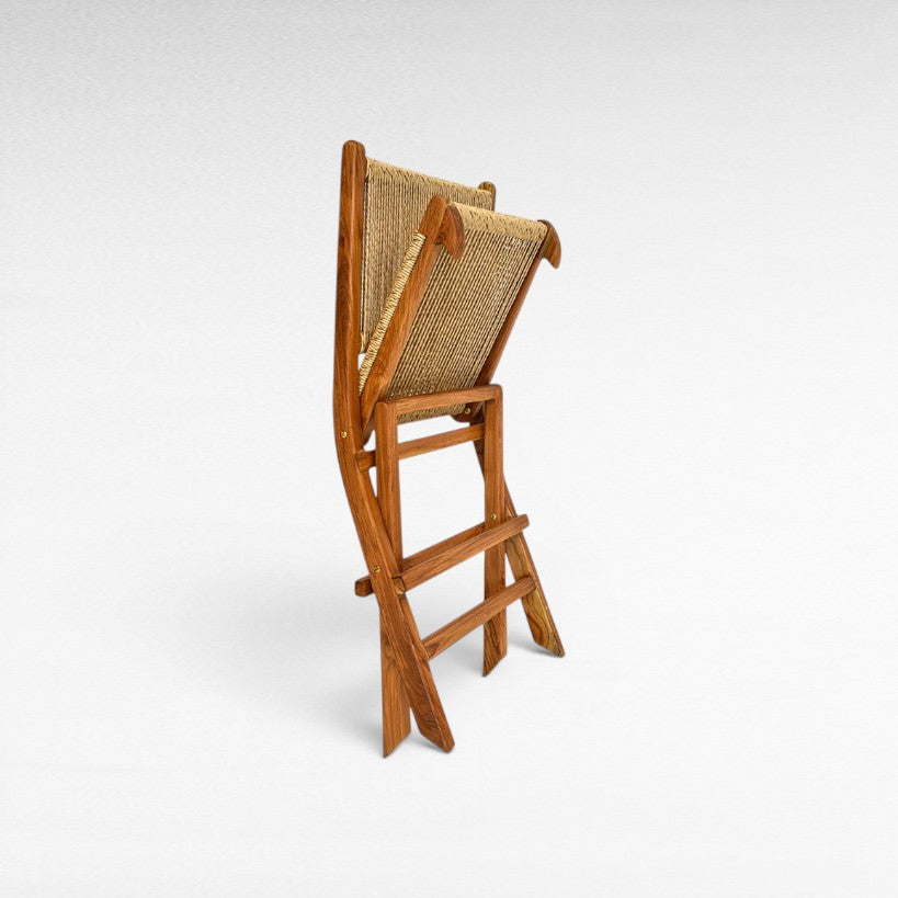 Chora Barefoot Luxury Living teak wood folding dining chair with woven rope seat and back