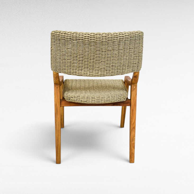 Chora Barefoot Luxury Living teak wood chair with woven synthetic rattan back and seat, back view.