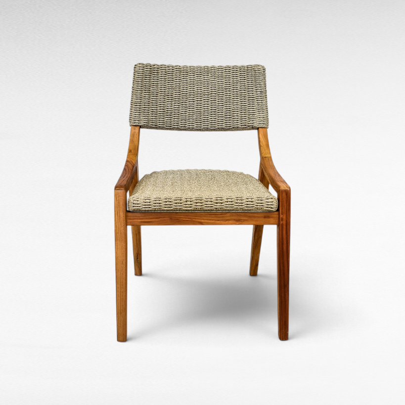 Chora Barefoot Luxury Living teak wood chair with woven synthetic rattan seat and backrest in a natural finish.